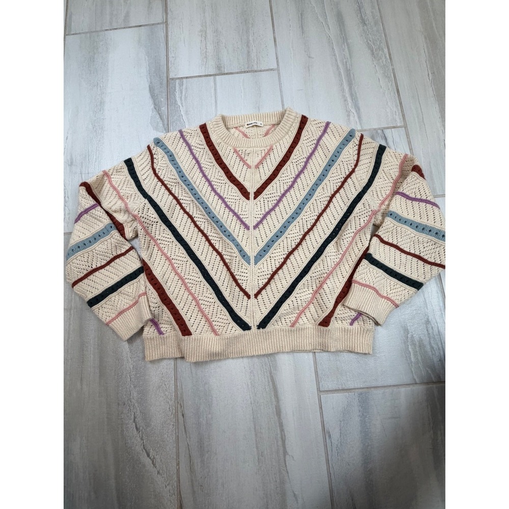 Marine Layer Womens XL Chevron Stripe Pointelle Knit Cotton Merino Wool Sweater